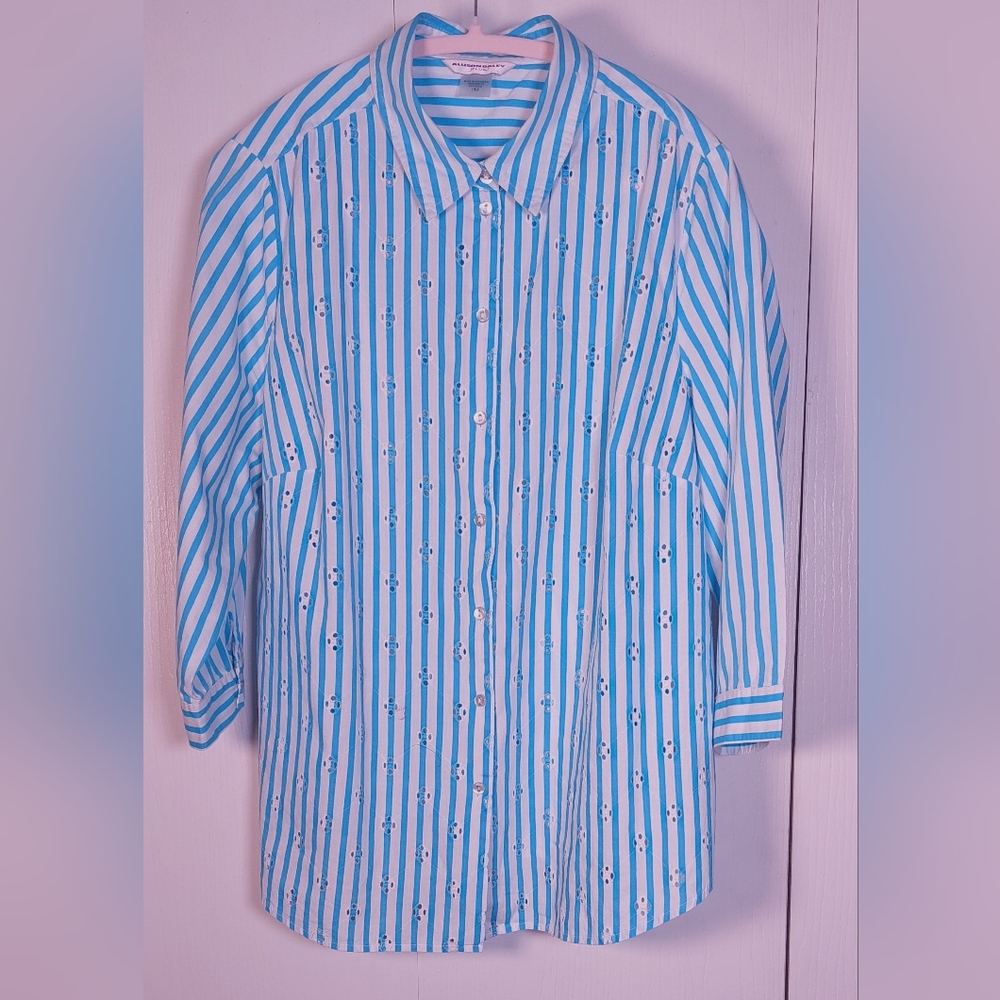 Allison Daley Stripes Eyelet Button Front Blouse Size 18 Shirt 100% Cotton Boho